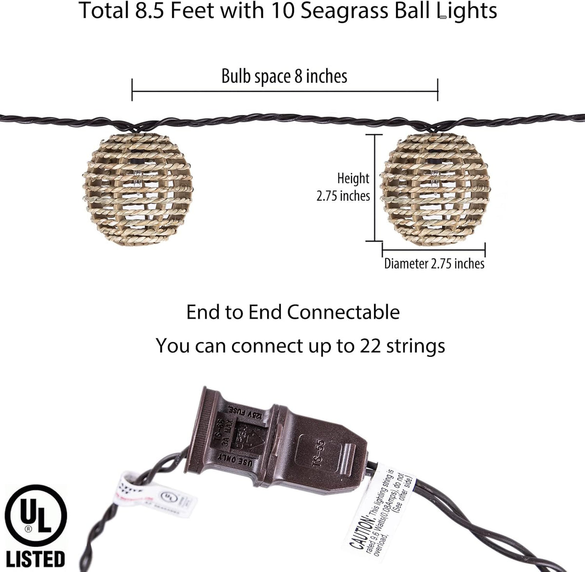 Decorative Outdoor Patio String Lights, Seagrass Rattan Wire Ball Style Lantern String Lights, Connectable Weatherproof Indoor Outdoor Globe Boho String Light for Home Pergola Garden Party Backyard