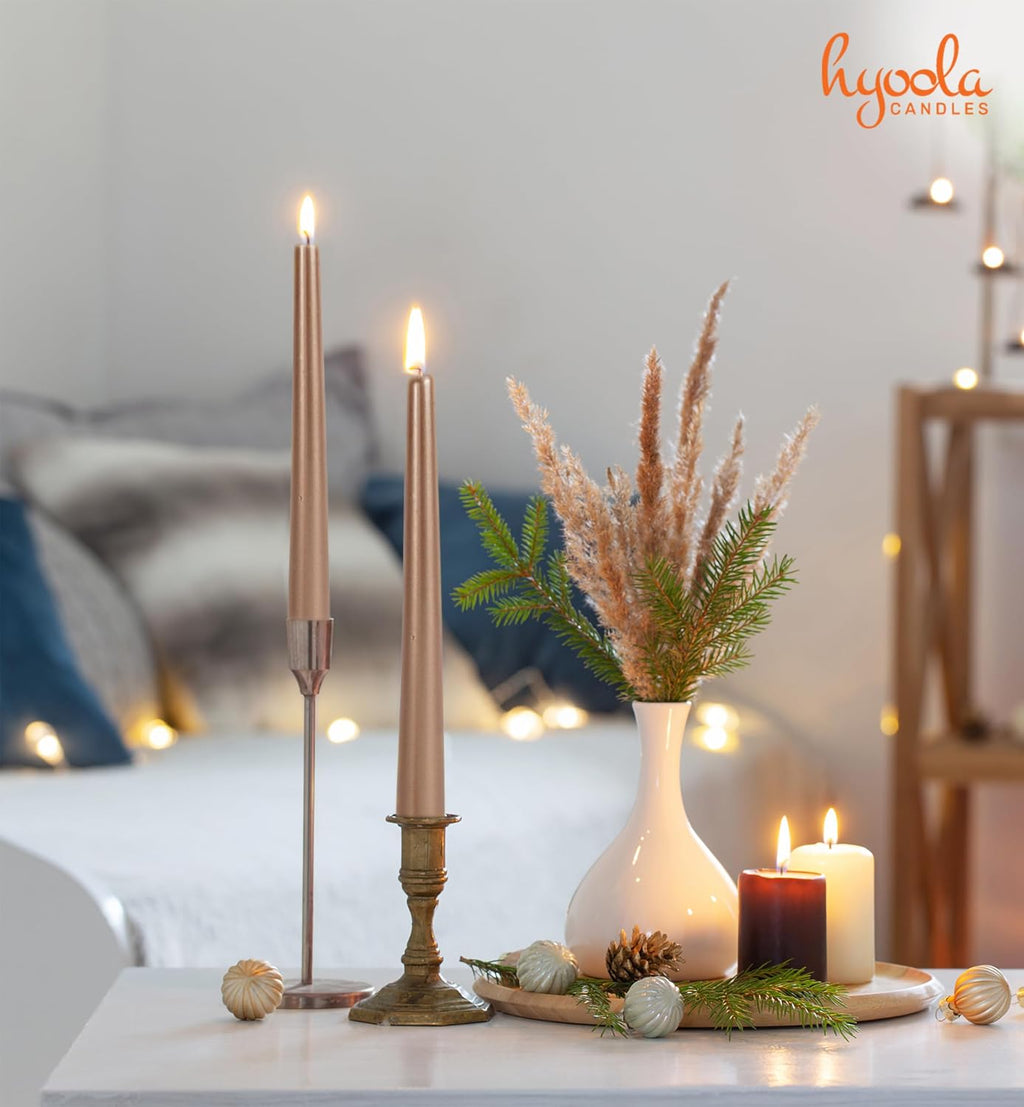 Hyoola 12 Pack Tall Metallic Taper Candles - 10 Inch Copper Metallic, Dripless, Unscented Dinner Candle - Paraffin Wax with Cotton Wicks