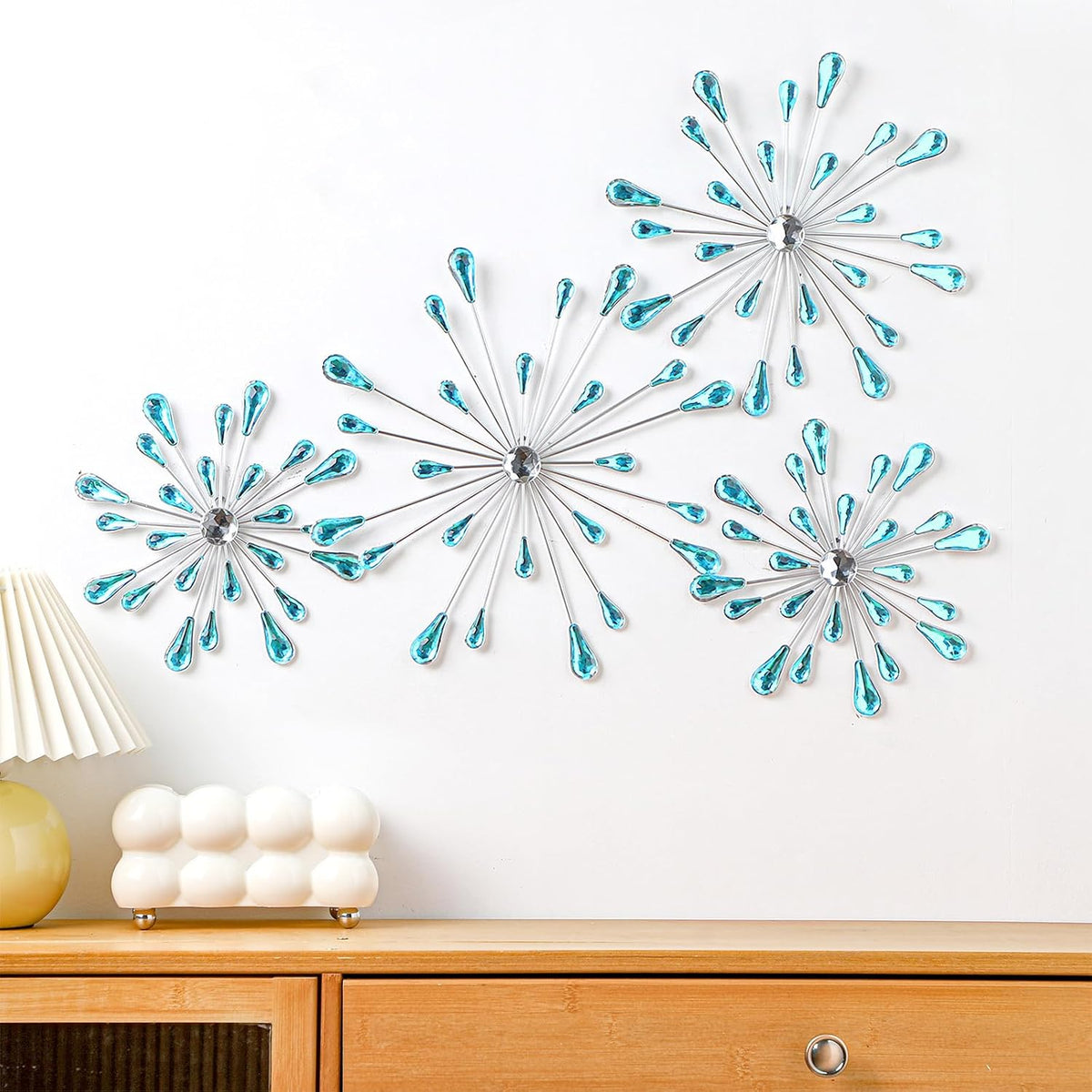 Hicarer 4 Pcs Starburst Wall Decor, Bling Metal Wall Art, Blue