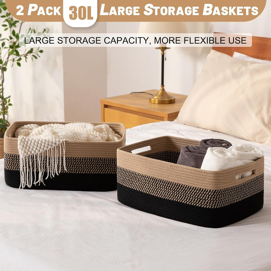 OIASKET Large Storage Basket for Organizing, Woven Rope Basket for Shelves, Closet Organizer Bins for Clothes, Blanket, Toys, Baby Nursery Storage, 17.7" x 13" x 7.87", 2 Packs Black & Brown