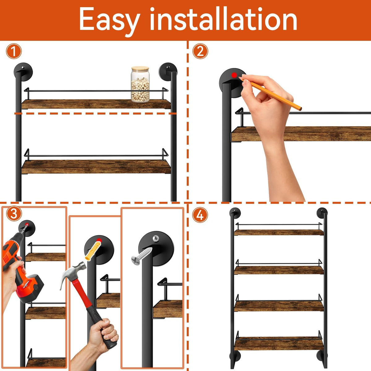 IBUYKE 4 Tier Spice Rack Wall Mount for Kitchen,Brown TLJ016H