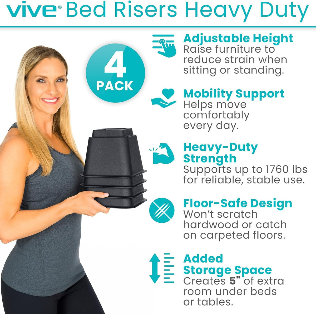 Vive Bed Risers Heavy Duty (4 Pack - 5 Inch) - Furniture Lifts Risers