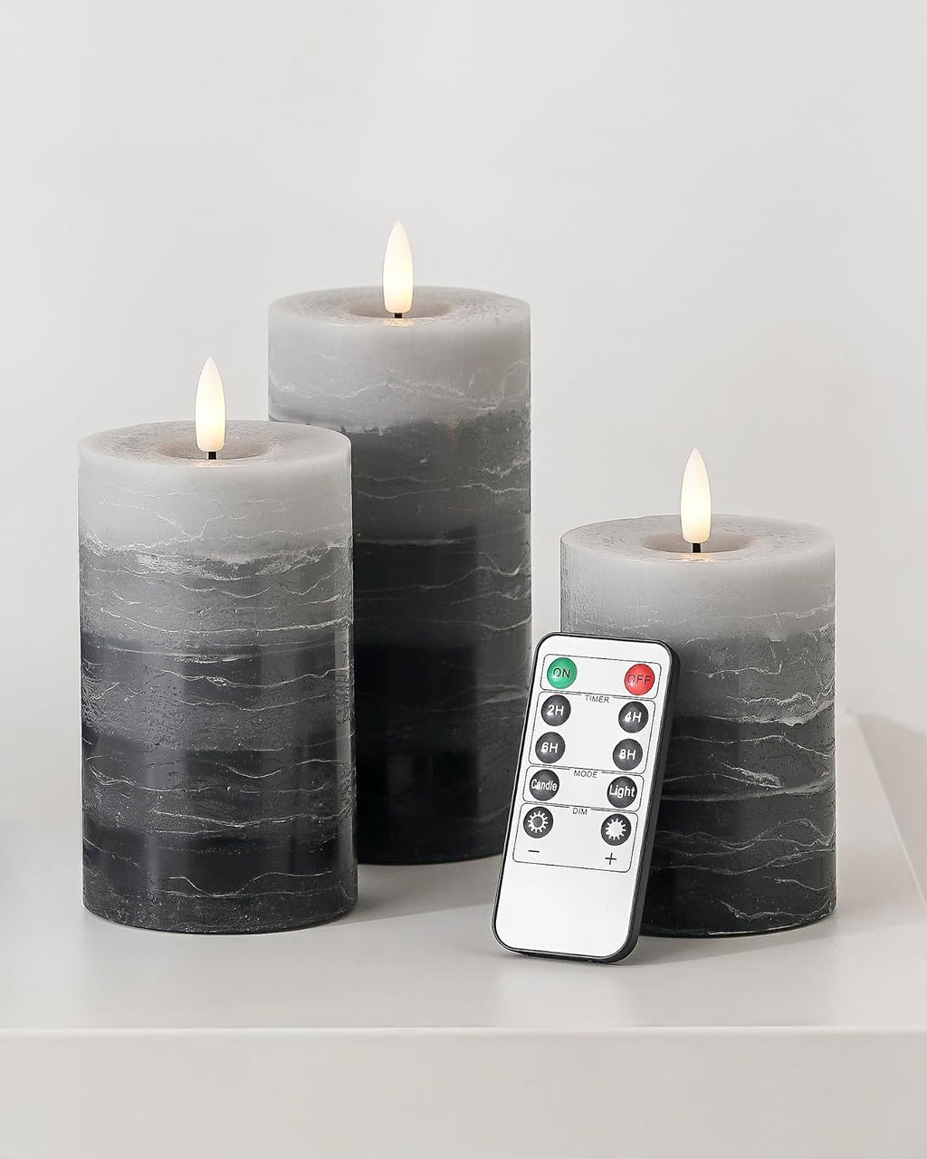 Stmarry Distressed Gradient Gray Flameless Candles with Remote and Timer, Real Wax Made LED Pillar Candles Battery Operated with 3D Flickering Flame - 3" x 4", 3" x 5", 3" x 6" - Set of 3