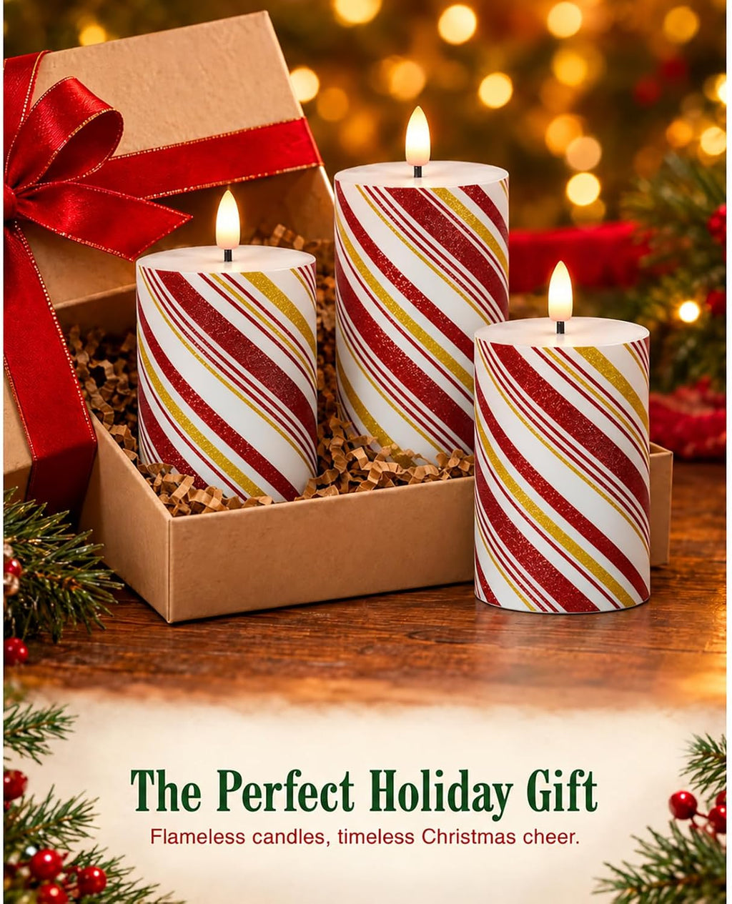 Christmas Flickering Flameless Candles, Red Stripes-Thin Real Wax Flickering Battery Operated Candles for Christmas Holiday Home Decor, Set of 3 (D3 x H4 5" 6")