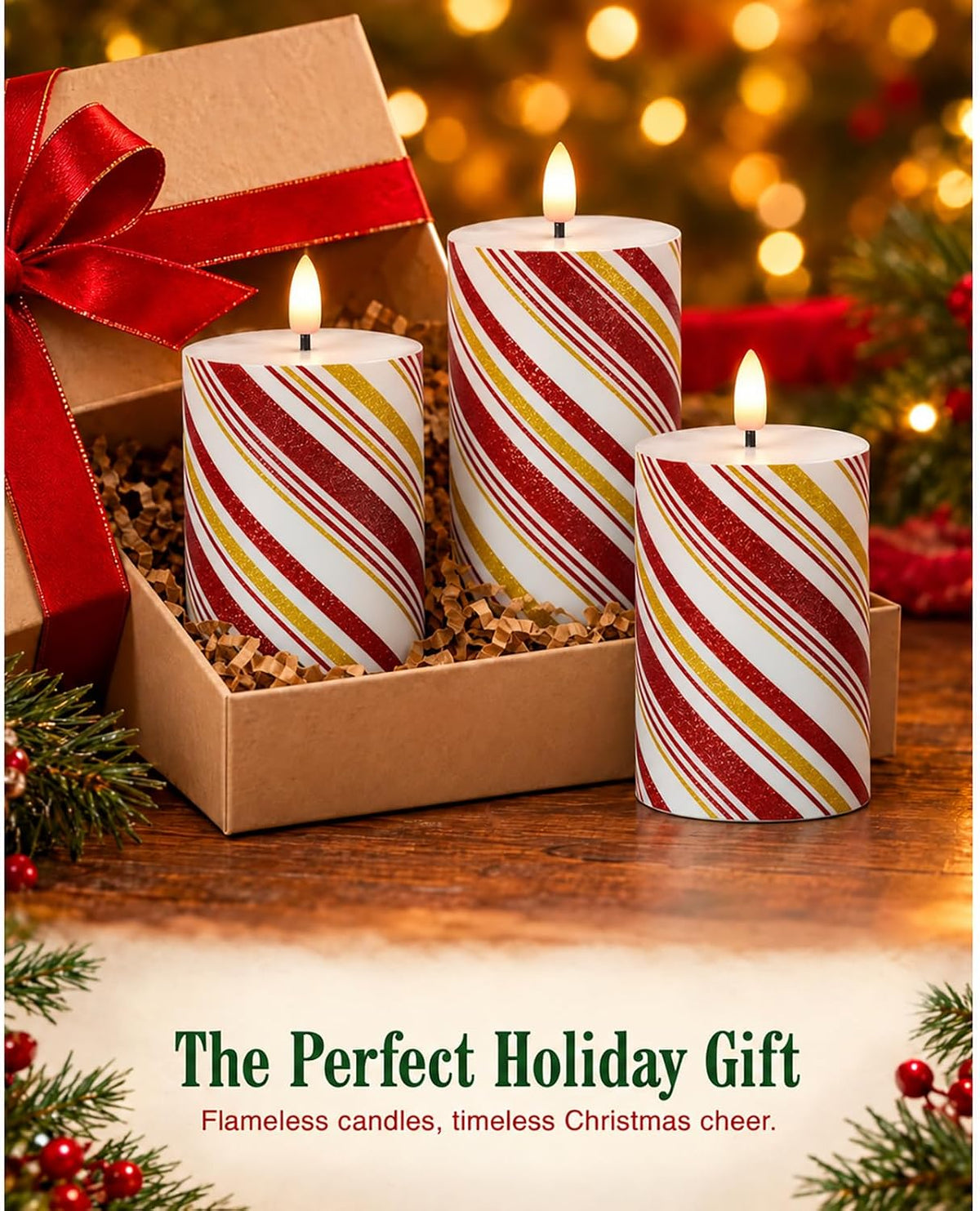 Christmas Flickering Flameless Candles, Red Stripes-Thin Real Wax Flickering Battery Operated Candles for Christmas Holiday Home Decor, Set of 3 (D3 x H4 5" 6")