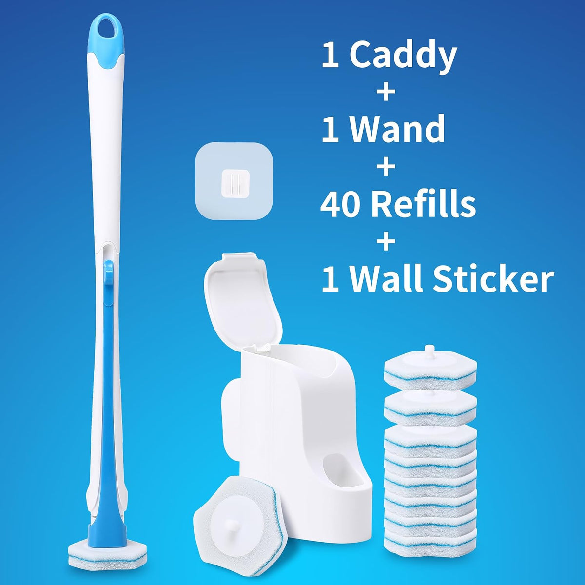 Disposable Toilet Brush with 40PCS Refills, Wall Mounted Compact Bathroom Bowl Wand Cleaning System Long Handle with Storage Caddy