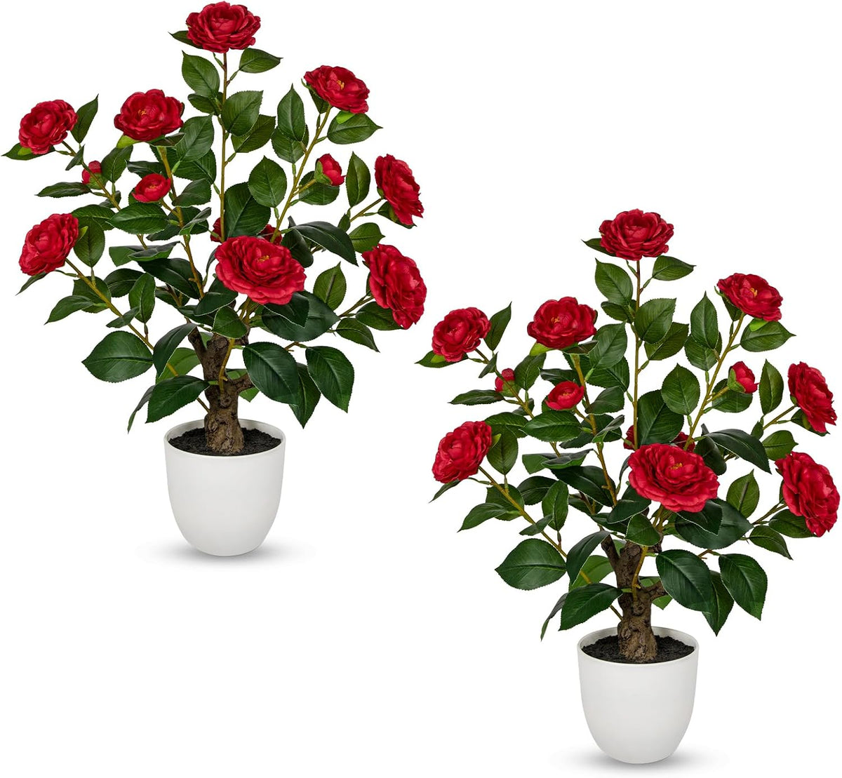 Hollyone Red Artificial Camellia Tree 2Pcs Flower Plants Artificial Tree 23.6" Small Faux Camellia Plant in Pot Greenery Potted Plant for Indoor Outdoor Porch Front Door Office Home Decor