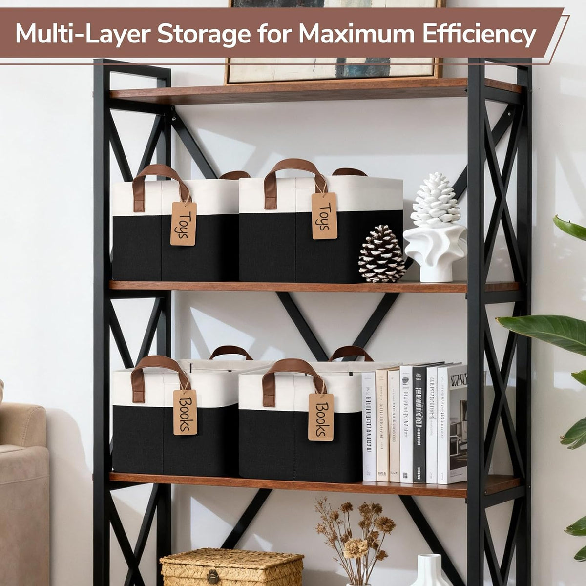 CHICVITA 4 Pack Fabric Storage Bins for Shelves, 20L Black & White
