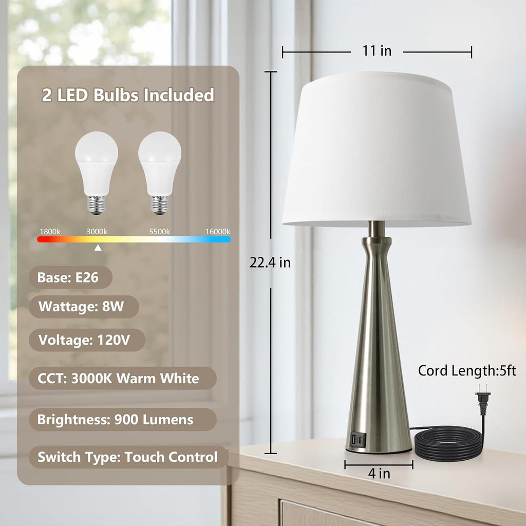 Modern Touch Lamps for Nightstand, 3 Way Dimmable Bedroom Lamp Set of 2