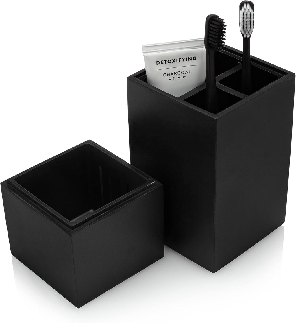 Essentra Home Toothbrush Holder with Lid, Elegant Matte Black Bathroom Toothbrush & Toothpaste Organizer – Matte Black Collection