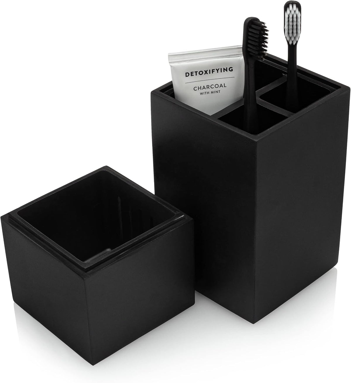 Essentra Home Toothbrush Holder with Lid, Elegant Matte Black Bathroom Toothbrush & Toothpaste Organizer – Matte Black Collection