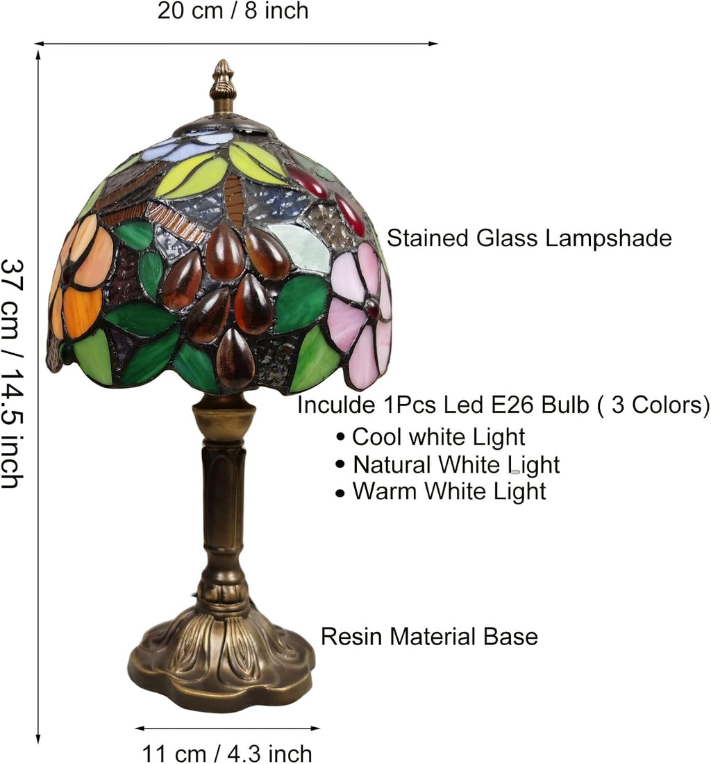 Tiffany Table Lamp,8X8X15Inch Small Antique Rose and Grape Pattern Stained Glass 3 Color Temperatures Bedside Nightstand Table Lamps for Bedroom Living Room Home Office+LED Bulb