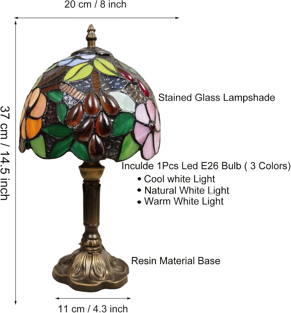 Tiffany Table Lamp,8X8X15Inch Small Antique Rose and Grape Pattern Stained Glass 3 Color Temperatures Bedside Nightstand Table Lamps for Bedroom Living Room Home Office+LED Bulb