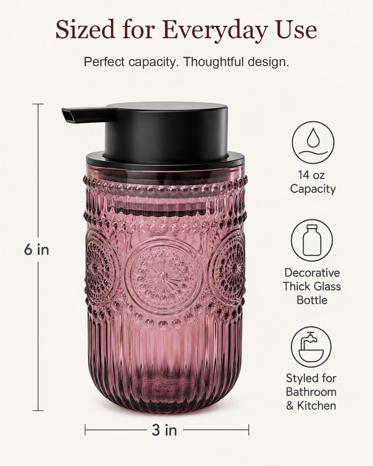 Foaming Soap Dispenser, Vintage Embossed Glass Foam Soap Dispenser, Purple