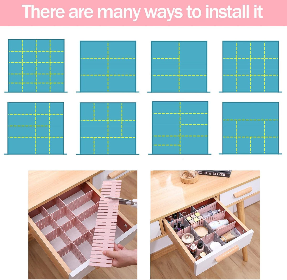 acDesign 40Pcs Grid Drawer Dividers, Adjustable Drawer Organizer for Socks, Underwear, Lingerie, Makeup, Bedroom Office Kitchen Storage (Pink)