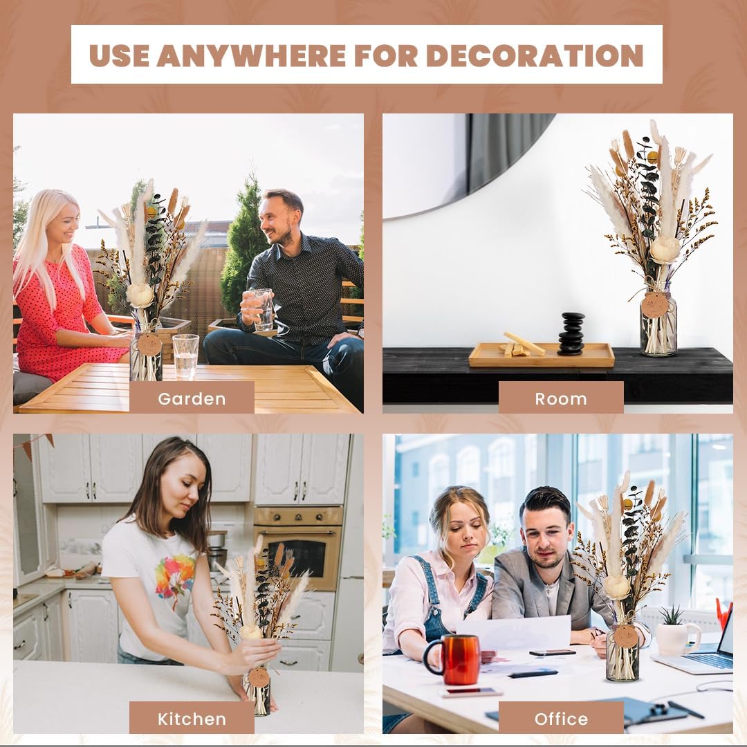 Homey Breeze Natural Dried Pampas Grass Decor with Vase - 15 Inches 23 Pcs 10 Styles, Pampas Grass with Vase Included - Small Pampas Grass for Home Decor, Wedding, Party, Birthday