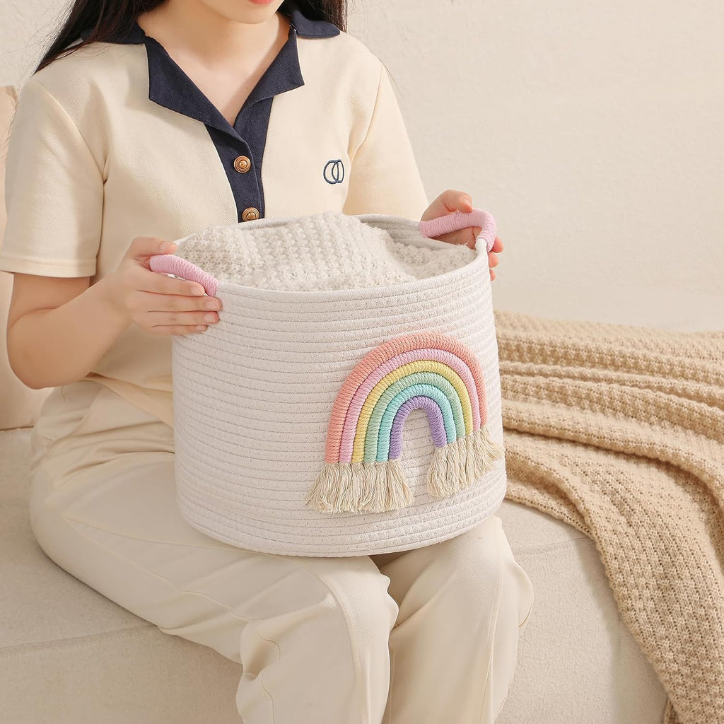 Toy Storage Baskets Woven Cotton Rope Storage Basket with Rainbow Decor for Kids, Blanket Baskets for Living Room Toys Organizer Rainbow Baby Gifts Basket with Handle for Girls Nursery Playroom