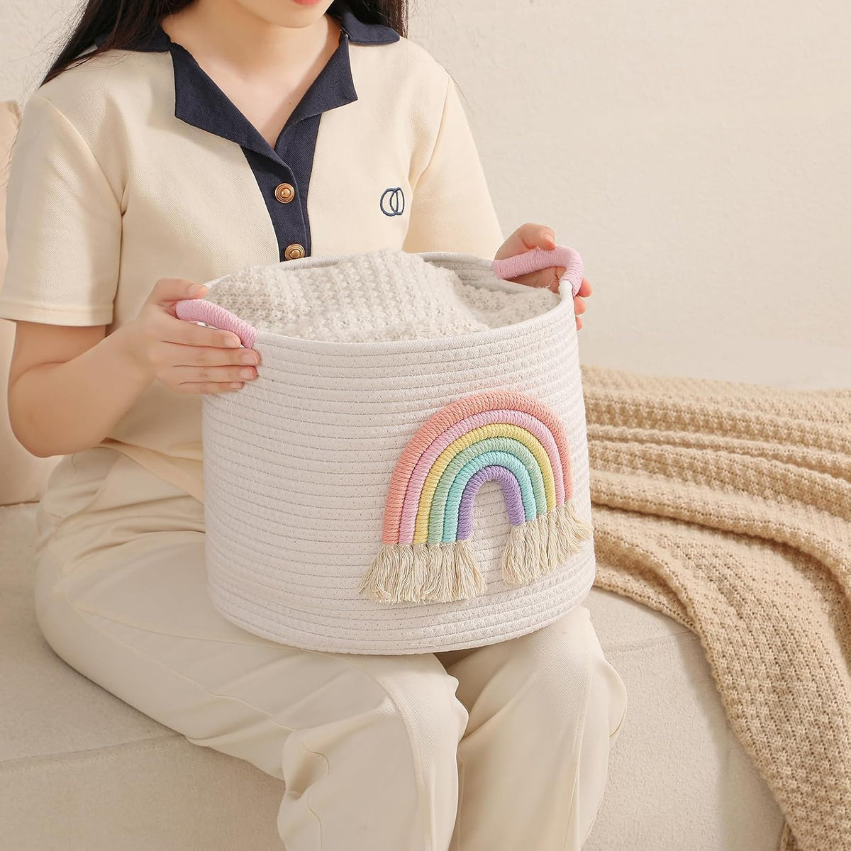 Toy Storage Baskets Woven Cotton Rope Storage Basket with Rainbow Decor for Kids, Blanket Baskets for Living Room Toys Organizer Rainbow Baby Gifts Basket with Handle for Girls Nursery Playroom
