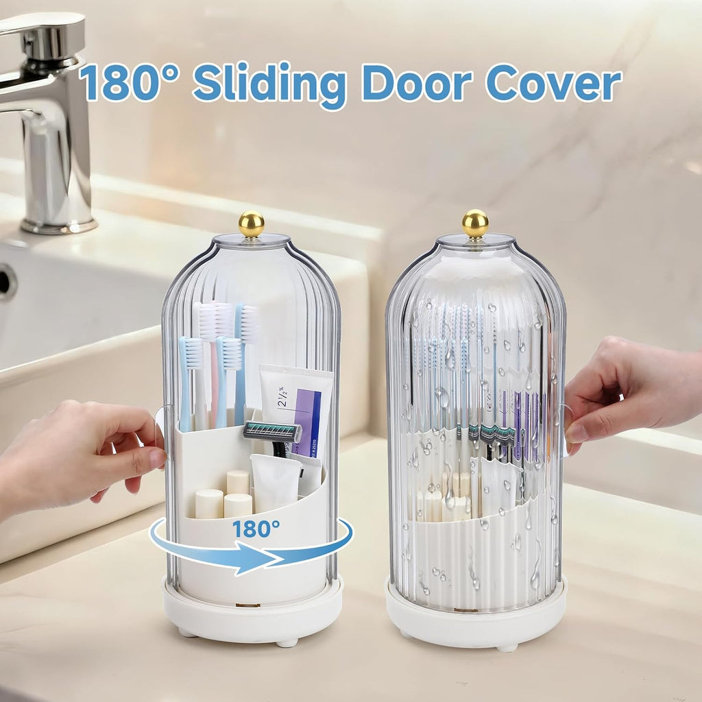 Toothbrush Organizer with Cover,3 Slots for Bathroom Toothbrush Holders with Lid,Dustproof Design,Rotating Holder,Ideal Makeup Brushes Holder for Bathroom Countertop Organization and Storage