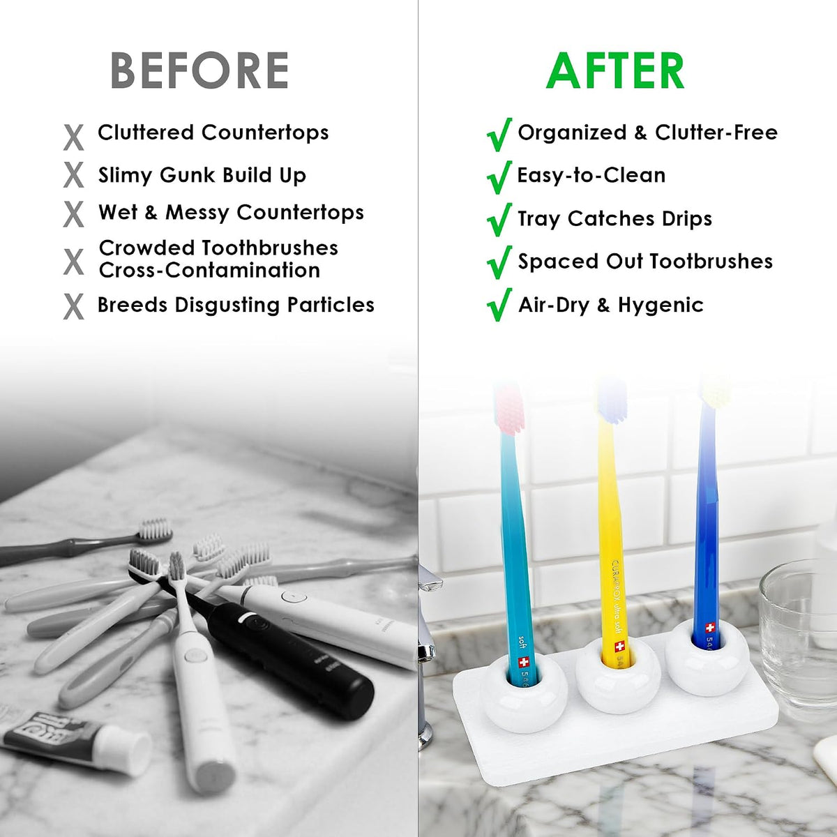 3 Pack Ceramic Toothbrush Holder with Diatomite Toothbrush Tray for Bathroom Shower Countertop Storage Organizer, Small Toothpaste Razor Electric Tooth Brush Head Stand (White)