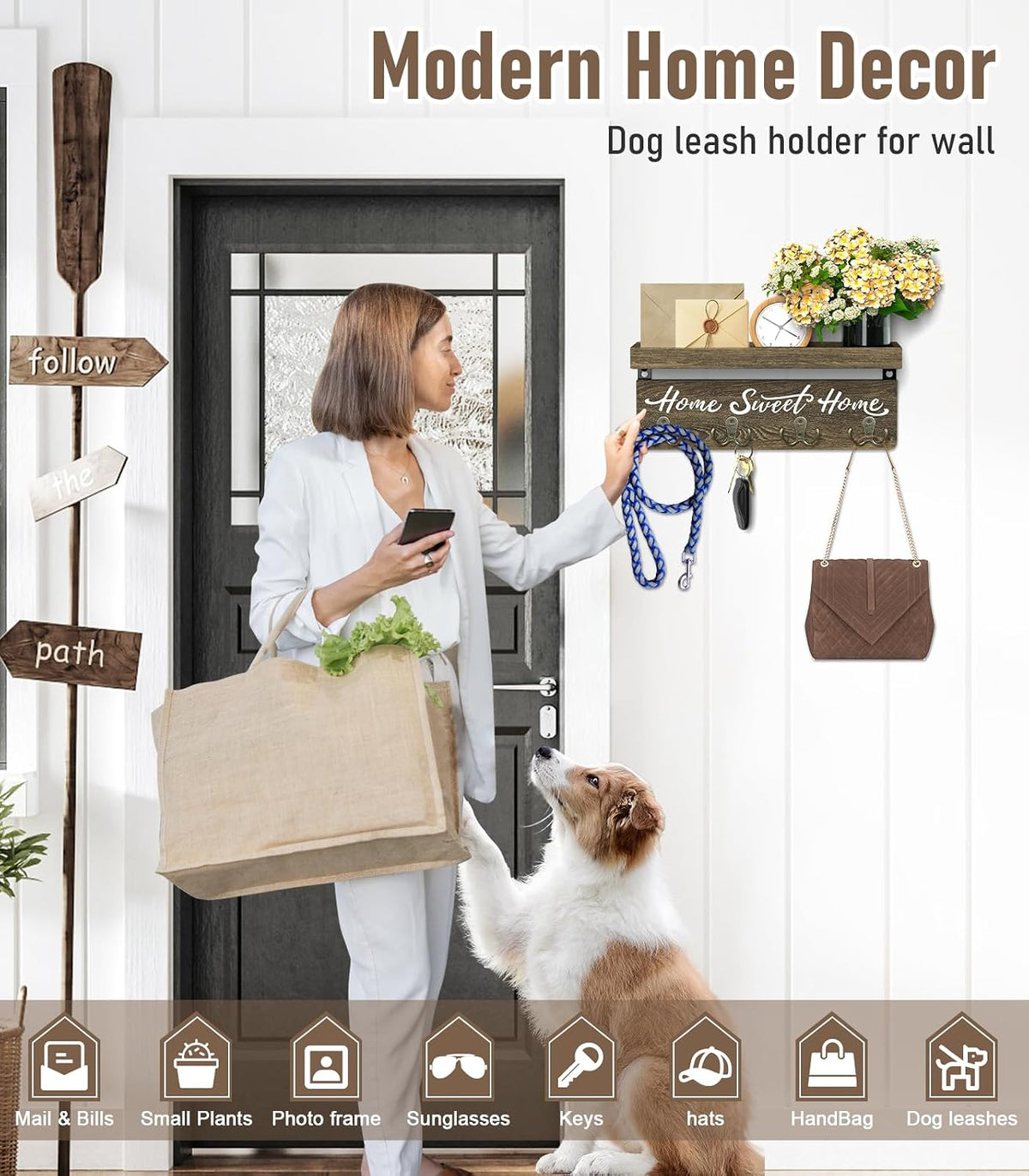 buways Key Holder Wall Mount with 8 Hooks and Cozy Home Sign (Brown)