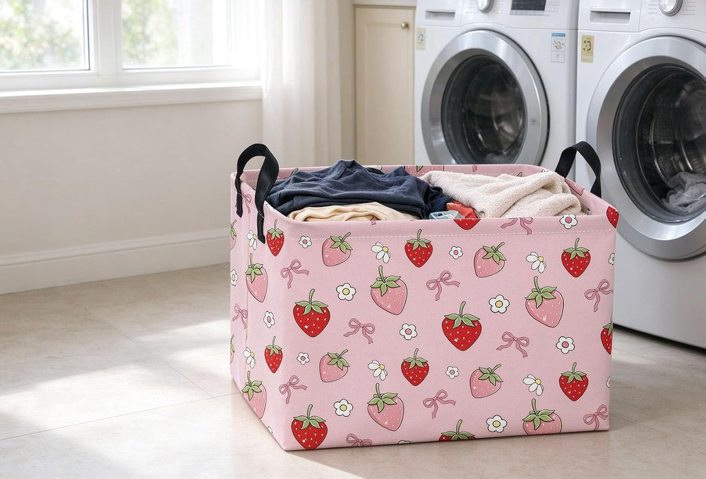 Rectangle Strawberry Baskets Pink Basket Cute Storage Bin for Room Decor Gift Basket(Bow strawberry)
