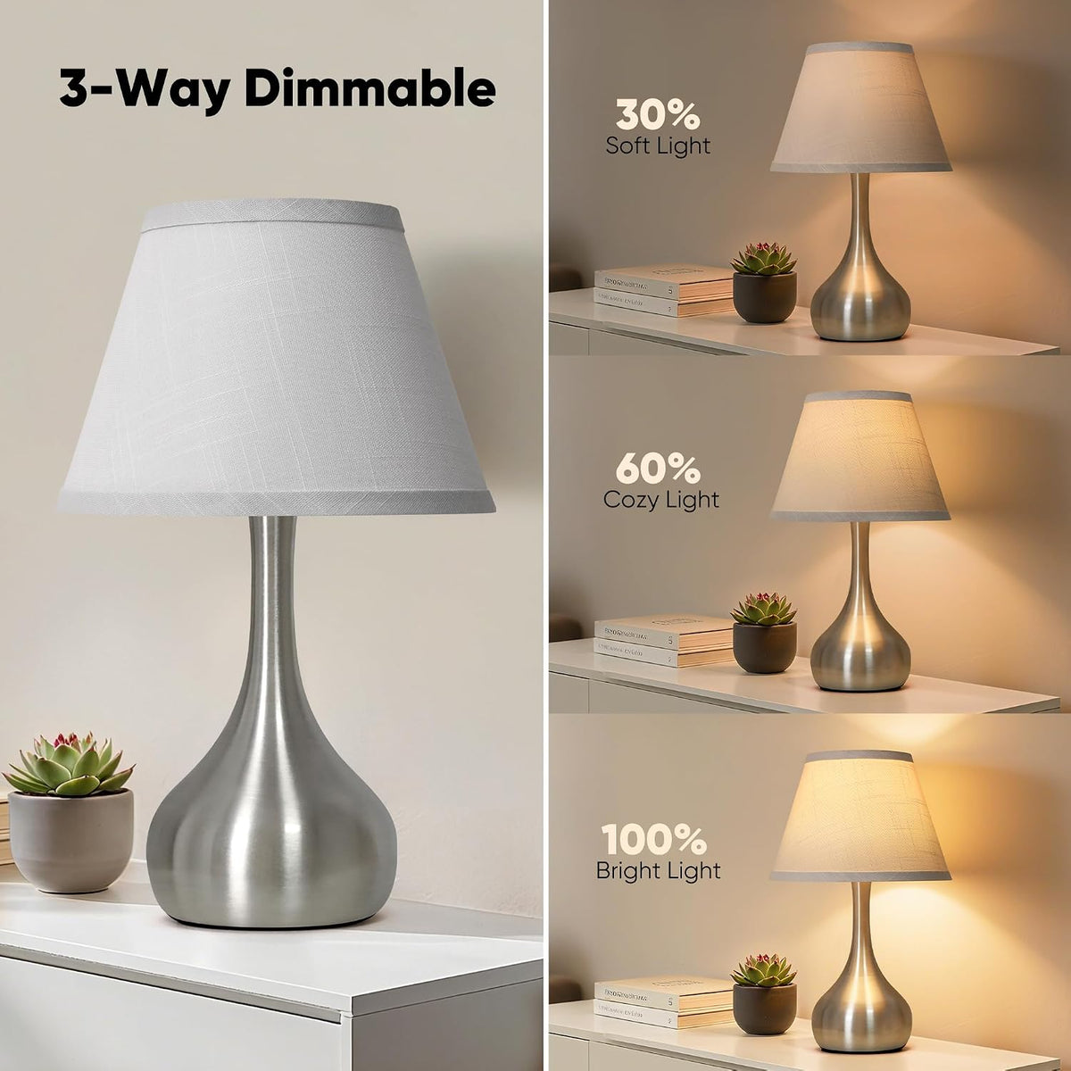 Touch Table Lamp for Bedroom Set of 2, 3-Way Dimmable Bedside Lamp for Nightstand, 17” Modern Metal Desk Lamp with Linen Shade for Living Room, Kids Reading, Dorm, Home Office Decor, Bulb Included