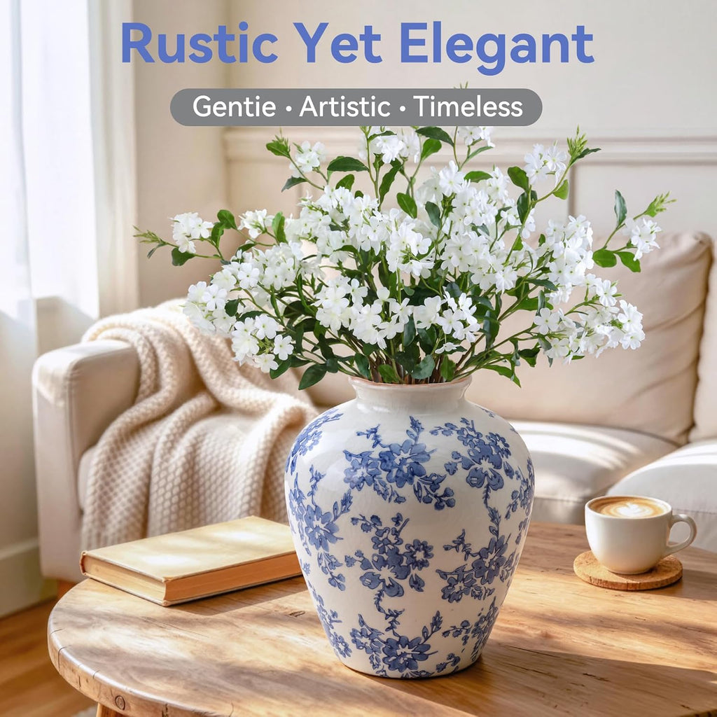 Ceramic Flower Vase Home Decor,8 Inch Blue and White Porcelain Vases,Vintage Table Vase for Farmhouse Rustic Living Room Kitchen Bedroom Shelf Office Desk Coffee Dining Fireplace
