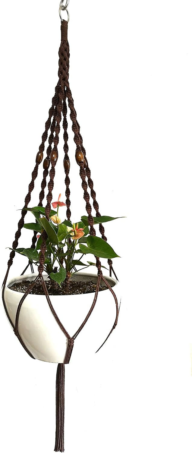 6 Legs Macrame Natural Jute and Cotton Plant Hanger & Holder and Metal Ring, 51-inches Length (Without the White Pot and Plant) (Dark Brown)