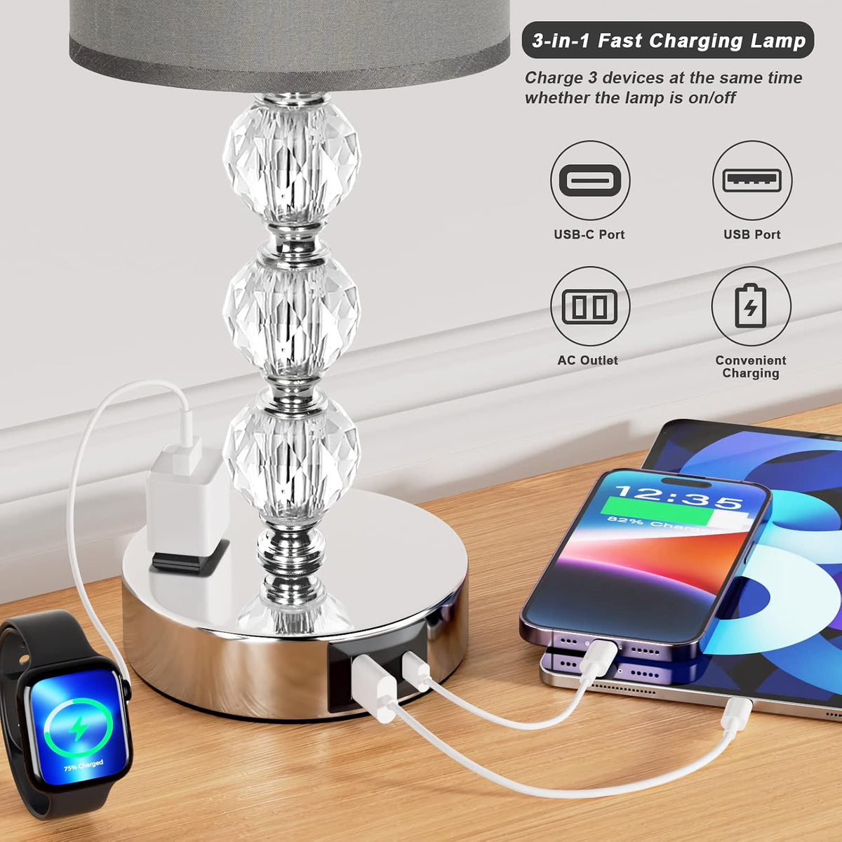 Grey Touch Bedside Lamps for Bedrooms - Crystal Table Lamp with USB C+A Charging Port and AC Outlet Nightstand, 3 Way Dimmable Silver Small End Side Table Lamp for Living/Guest/Dinning Room/Kitchen