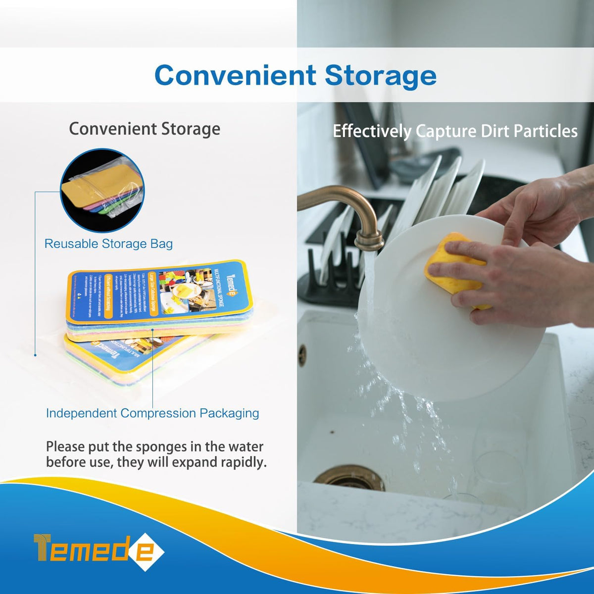 Temede Large Cellulose Sponges, Thick Absorbent Kitchen Sponges, 10-Pack