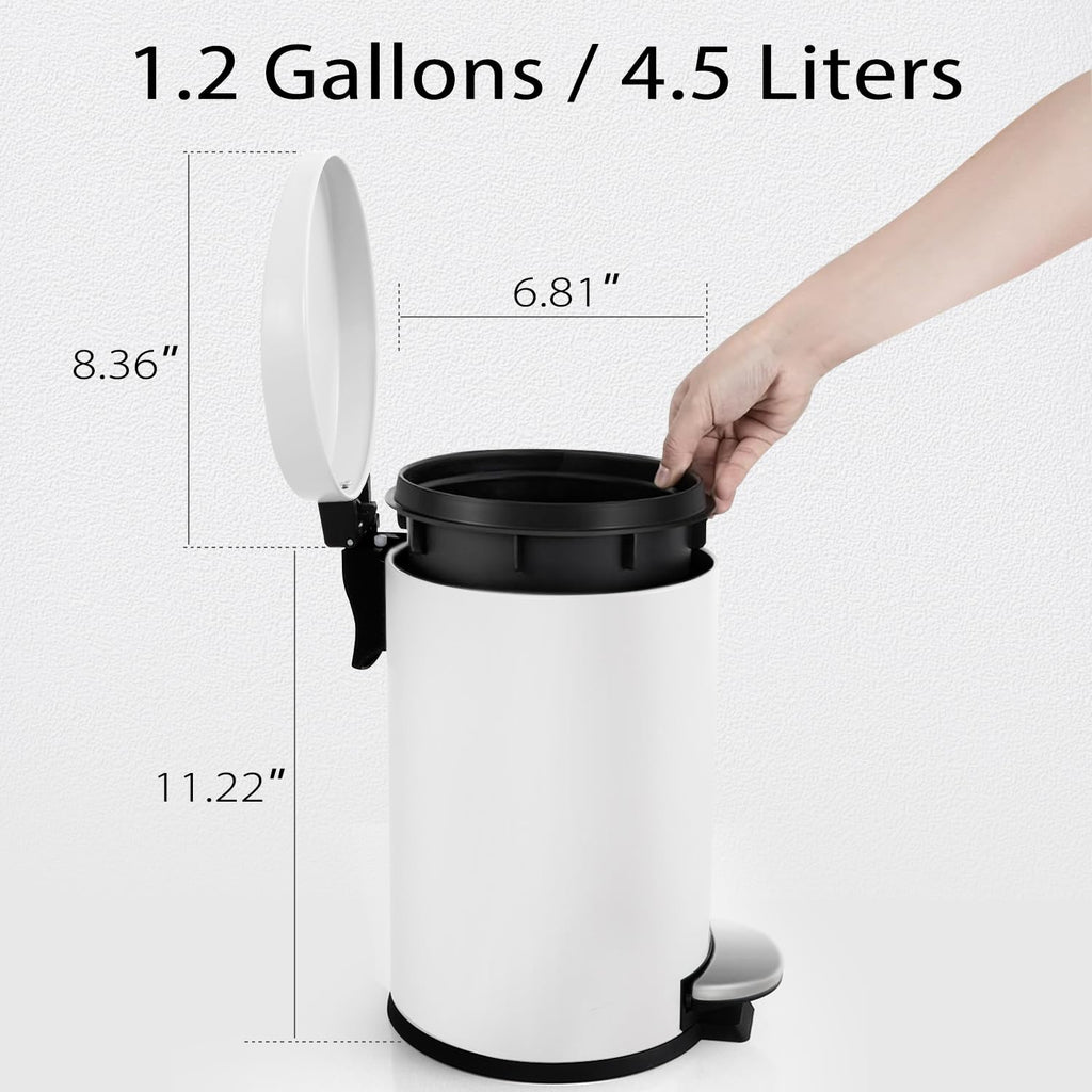 TIPGO Small Bathroom Trash Can with Lid Soft Close, 1.2 Gal, White