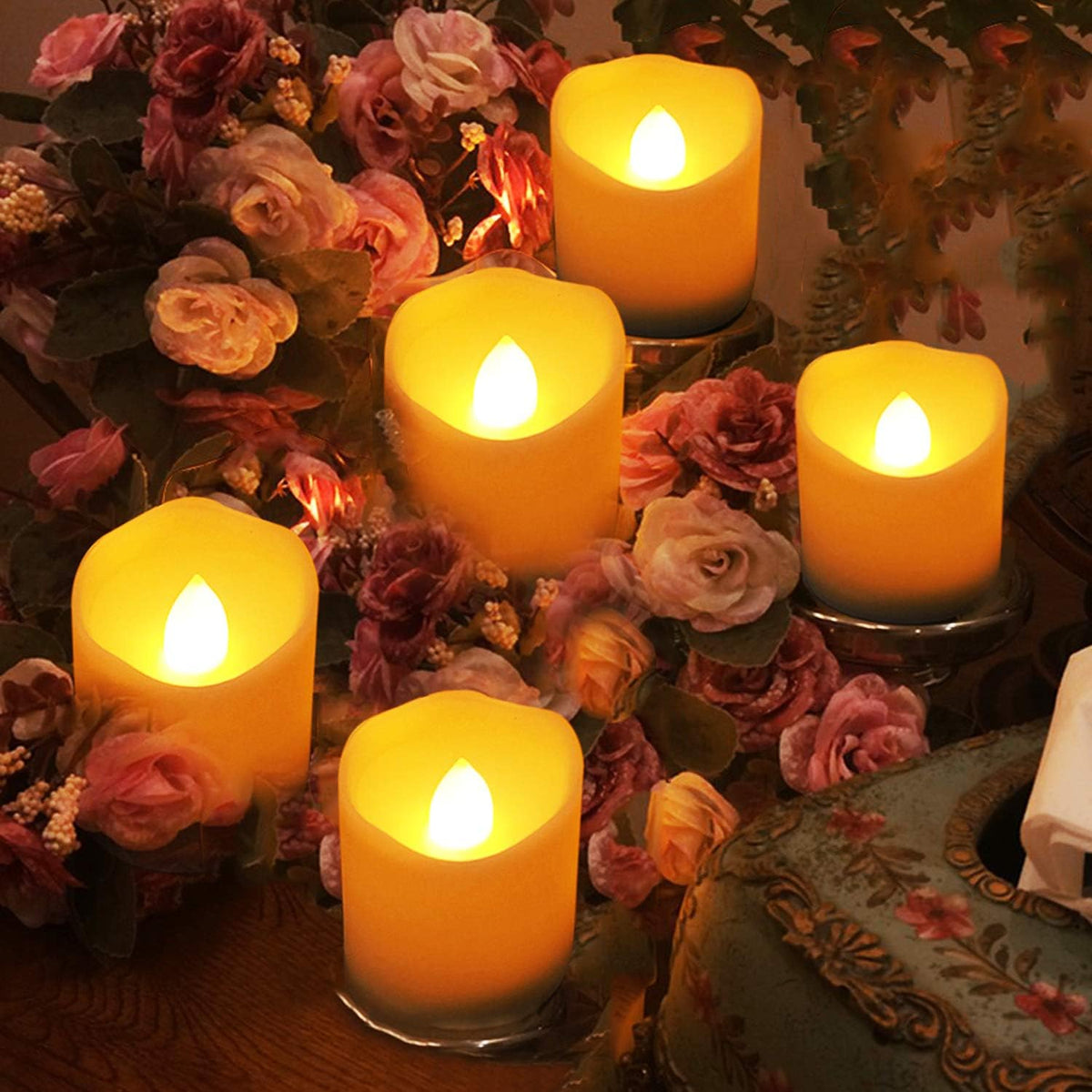 Novelty Place Flameless Flickering Votive Candles, 12 Pack Battery Operated LED Tea Lights, Fake Electric Candles for Wedding, Table, Halloween & Christmas Decorations