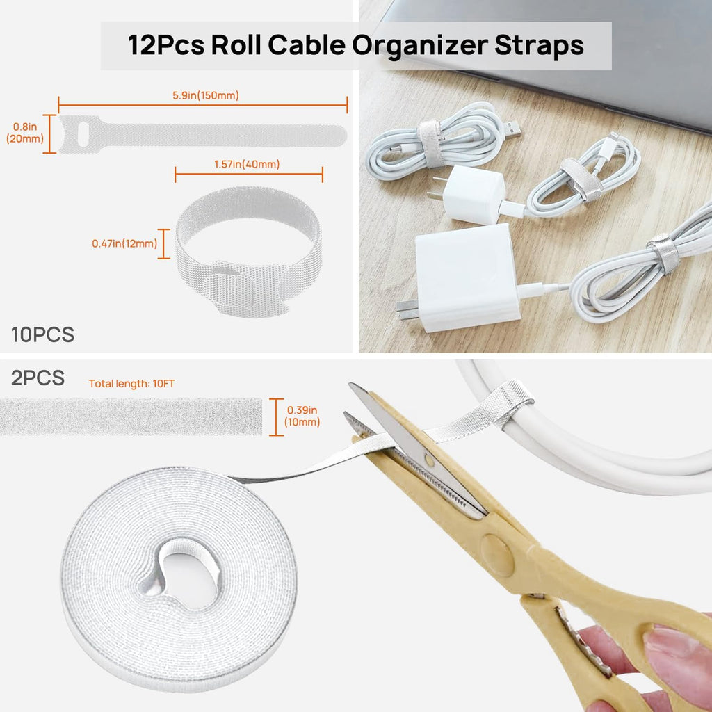 193 PCS Cable Management Kit - 4 Cable Sleeve, 57 Self Adhesive Cable Clips, 12 Hanging Strips, 12 Cable Organizer Straps and 100 Fastening Cable Ties for TV Computer Under Desk (White)