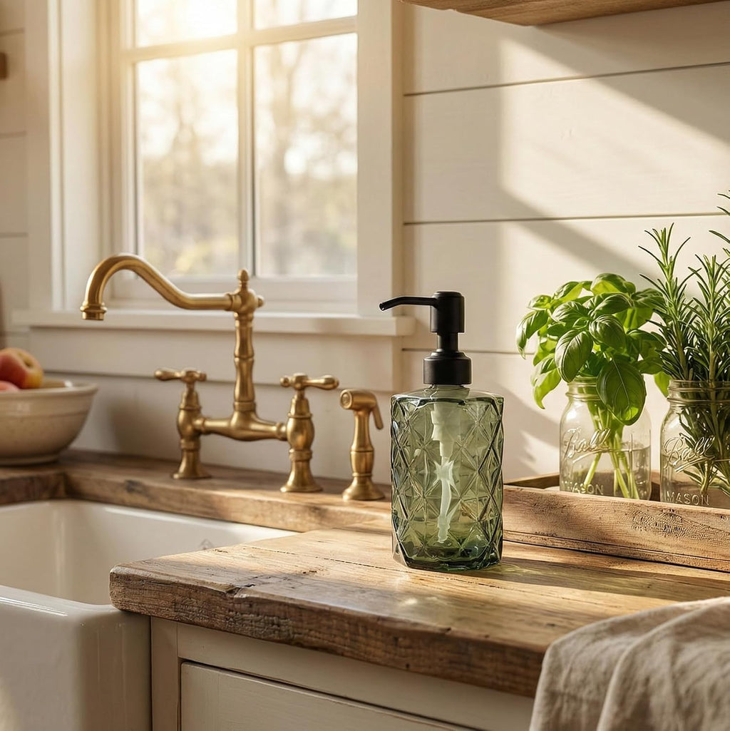 JASAI Forest Green Glass Soap Dispenser with Black Rustproof Pump