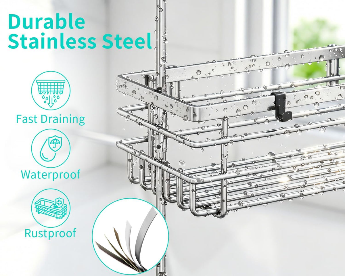 HapiRm Hanging Shower Caddy Organizer - No Drilling Shower Shelves with Hooks and Toothbrush Holder, Rustproof 304 Stainless Steel Bathroom Organizer - Silver