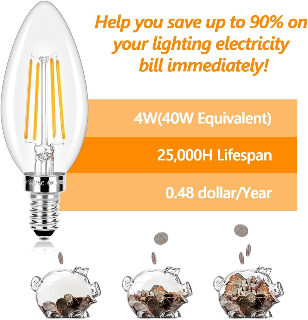 E12 LED Candelabra Bulbs 40 Watt Equivalent, 4W Vintage Candle Light Bulbs Dimmable, 470Lm Warm White 2700K B10 Edison Bulb, Filament Clear Glass Lamp Bulb for Chandelier Ceiling Fan (5 Packs)