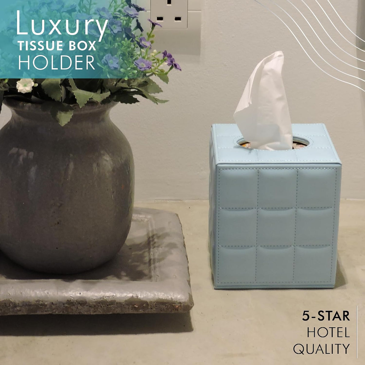 Luxury 5 Star Hotel Style Tissue Box Cover - Sturdy and Stylish Tissue Box Holder with a Custom Height and Modern PU Leather Exterior, 13.5x13.5x15cm - Light Blue