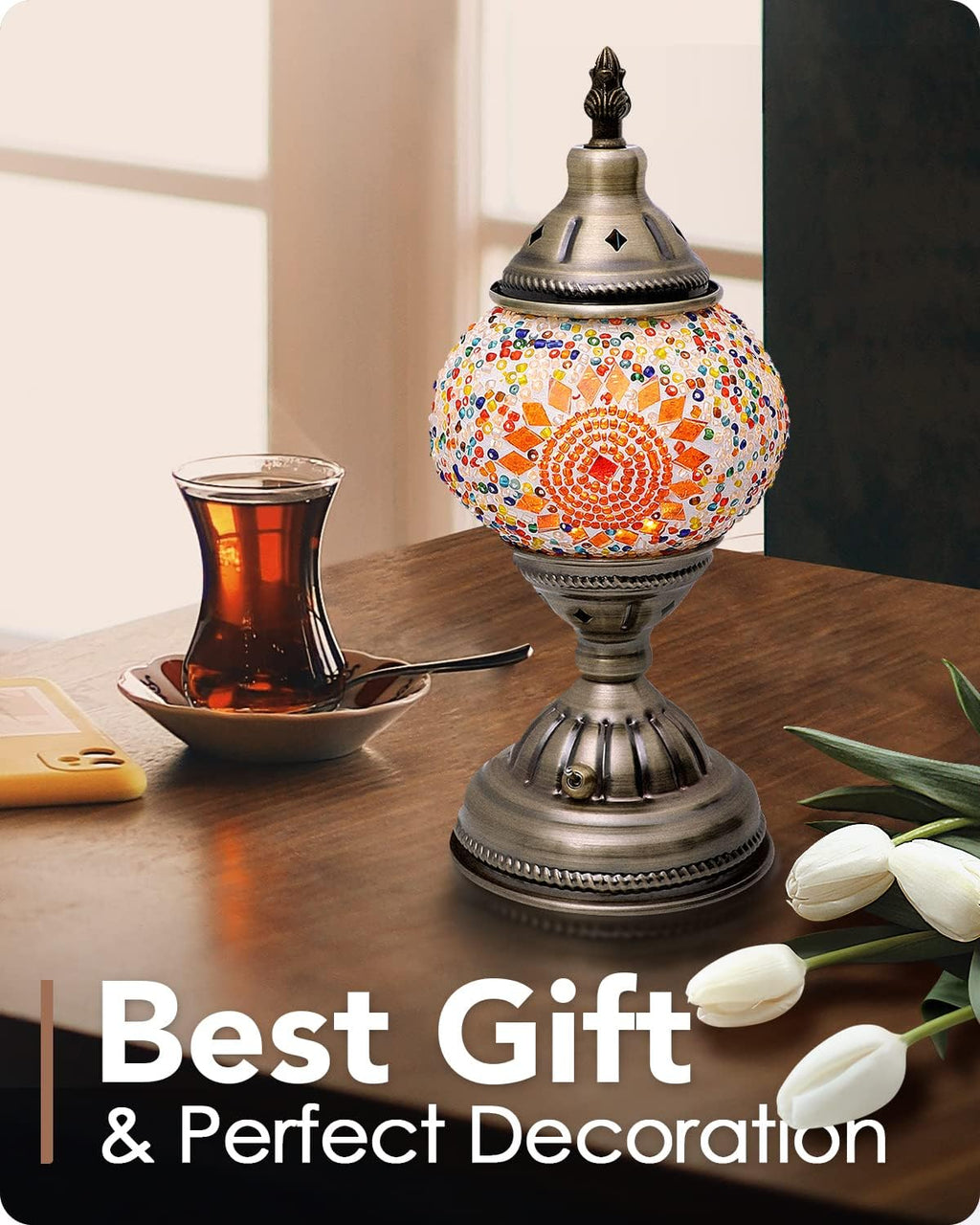 Yarra-Decor Turkish Moroccan Lamp with Bronze Base Handmade Tiffany Mosaic Glass Lamps Portable Bedside Lamps with Rechargeable Battery 2000mAh (LED Bulb Included) (Orange1)