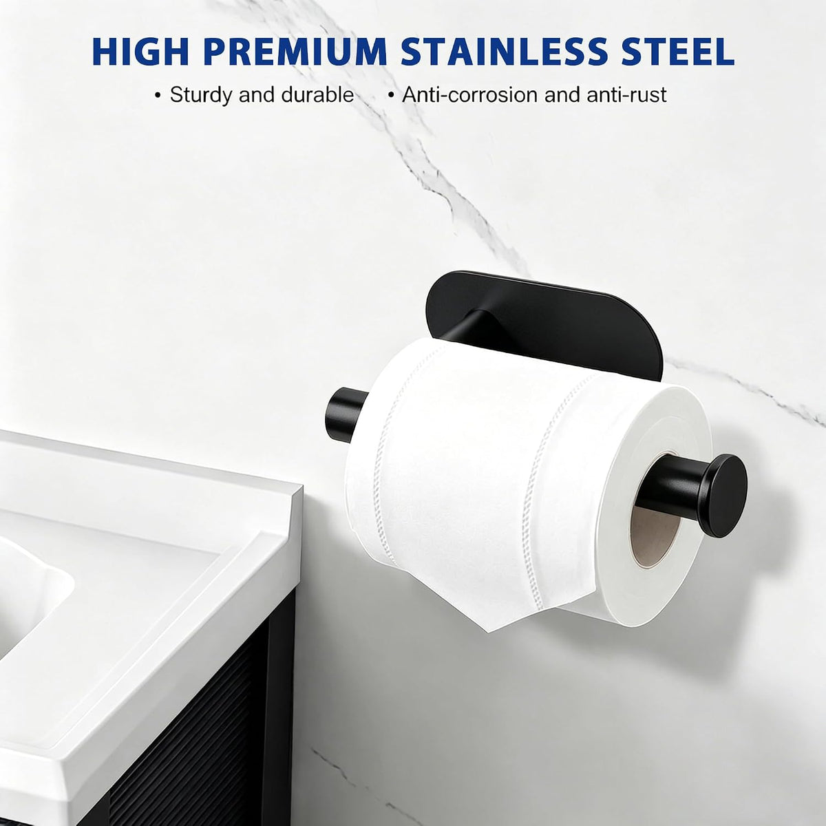 Toilet Paper Holder, Self Adhesive Toilet Paper Roll Holder No Drilling Wall Mount for Kitchen, Bathroom, Toilet, Matte Black Stainless Steel
