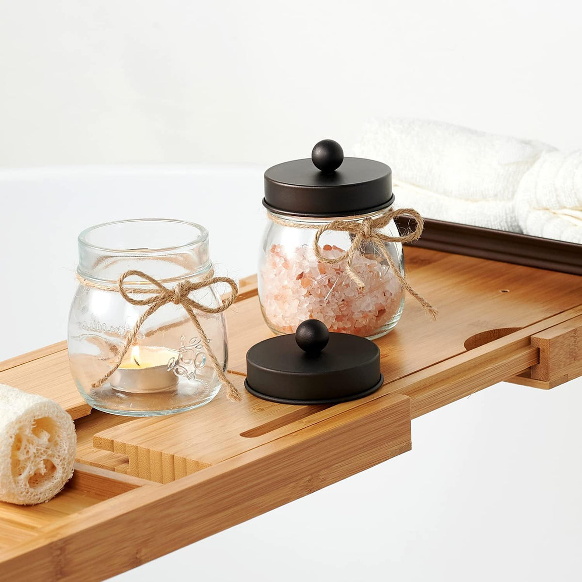 SheeChung 2 Pack Glass Mason Jar Qtip Holder,Bronze Stainless Steel Lids