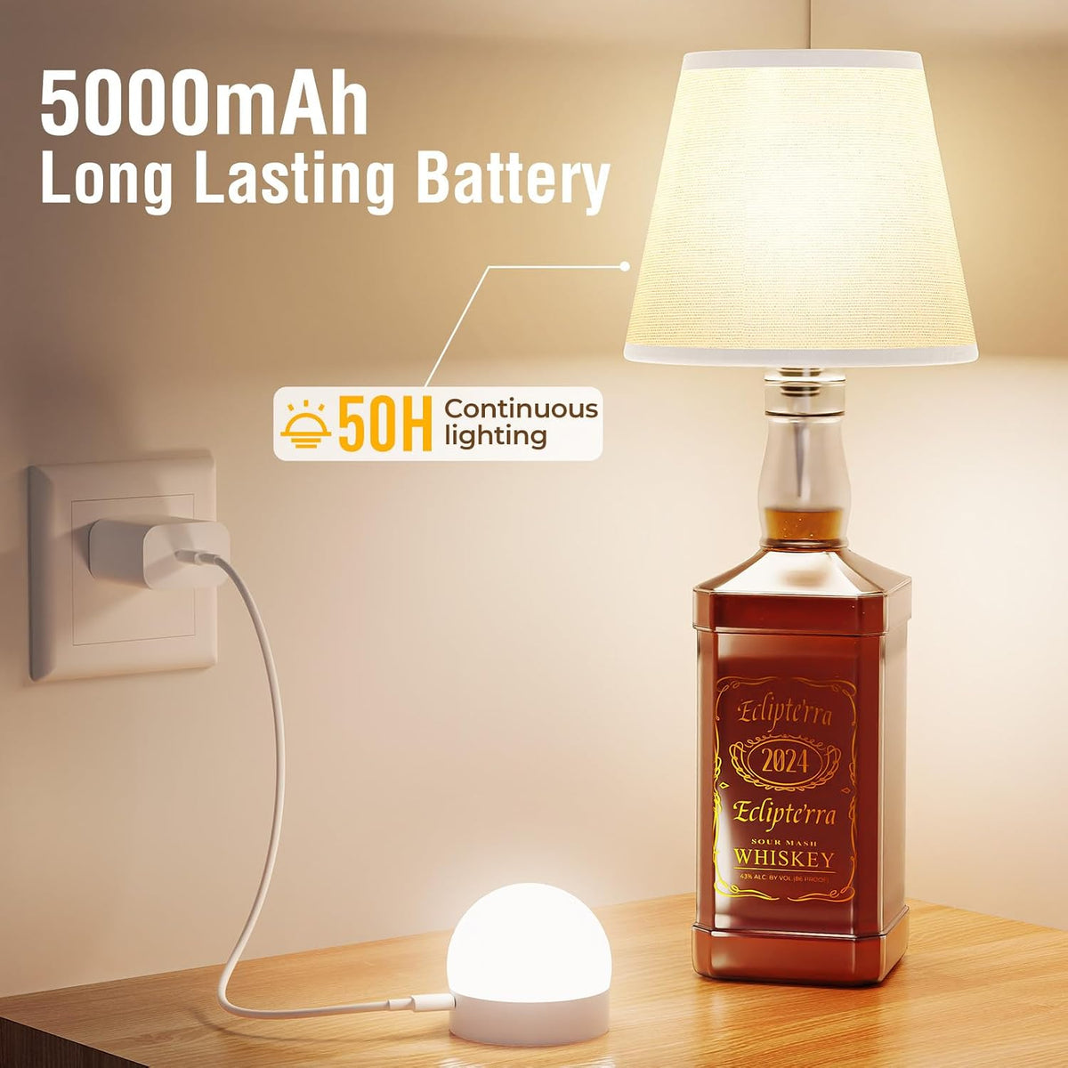 Cordless LED Bottle Lamp 5000mAh Battery Portable Wireless Table Lamp Wine Bottle Lamp for Indoor Outdoor Dining Bedroom with Remote (White, 1 Pack)
