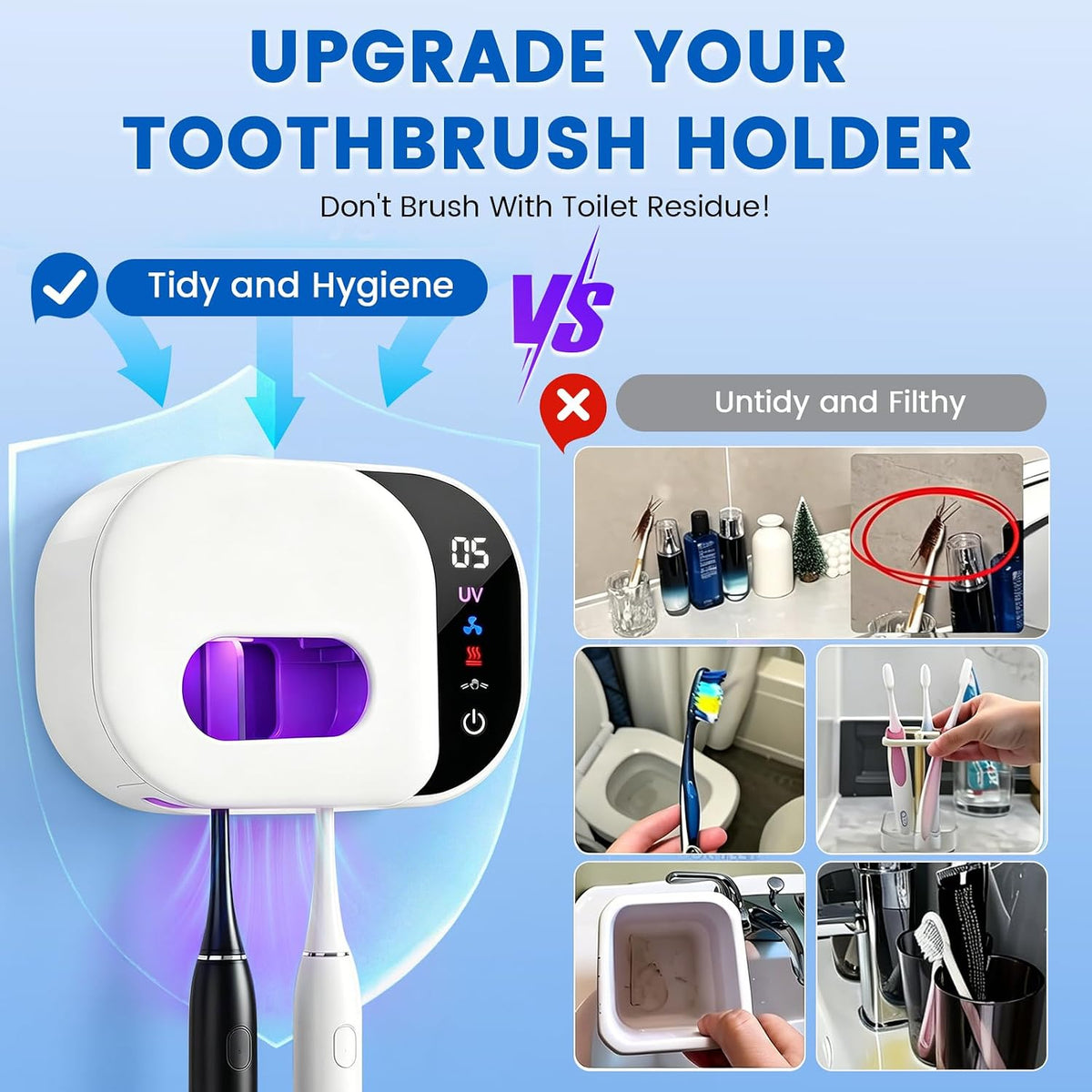 Toothbrush Holder for Bathroom, Infrared Sensing Toothbrush Cleaner with 2 Slots for Most Toothbrush Sizes, Wall Mounted Tooth Brush Holder with LED Smart Display & Hot Air Drying for Travel (White)