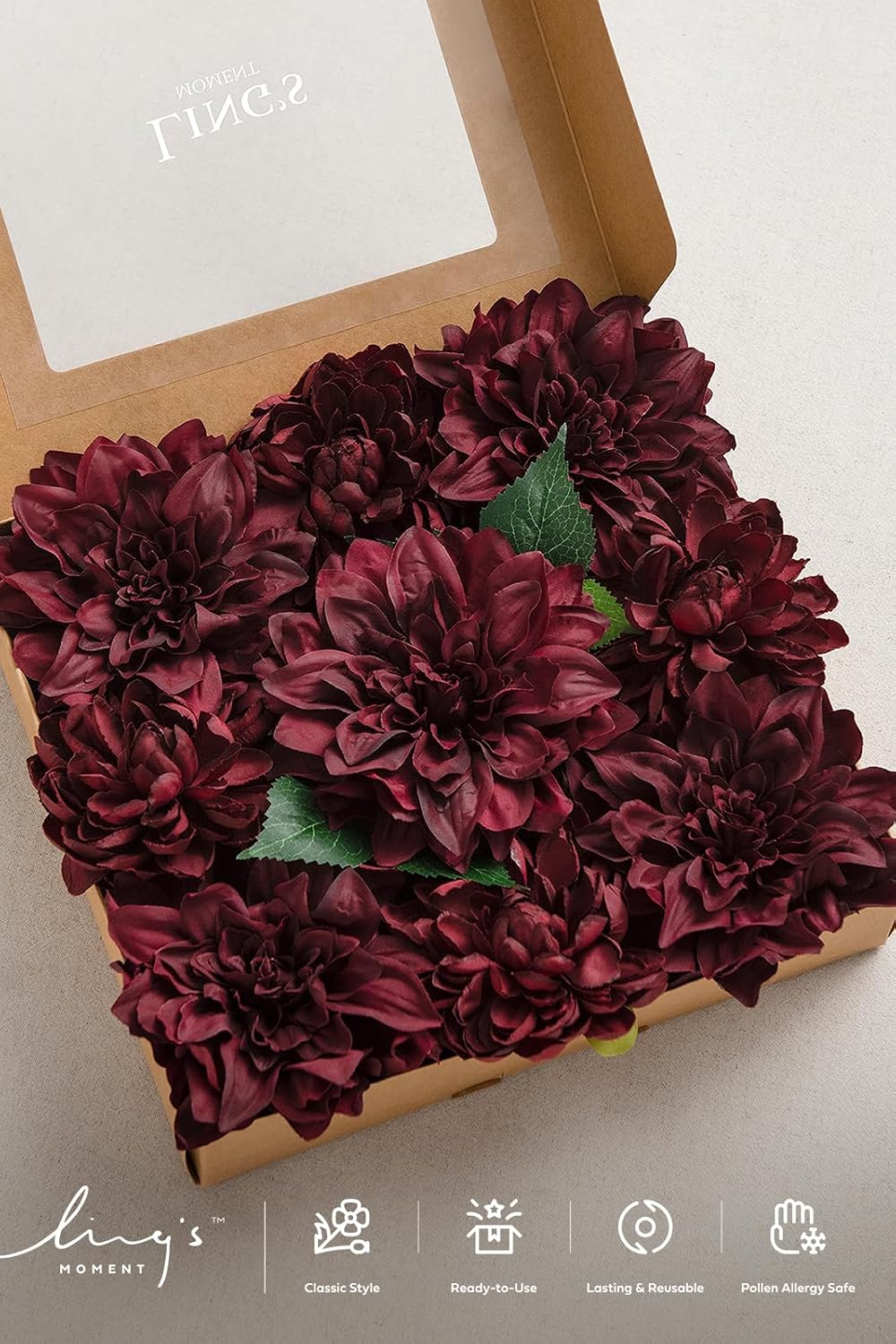 Ling's moment Burgundy Artificial Dahlias, Silk Wedding Flowers, 9 pcs