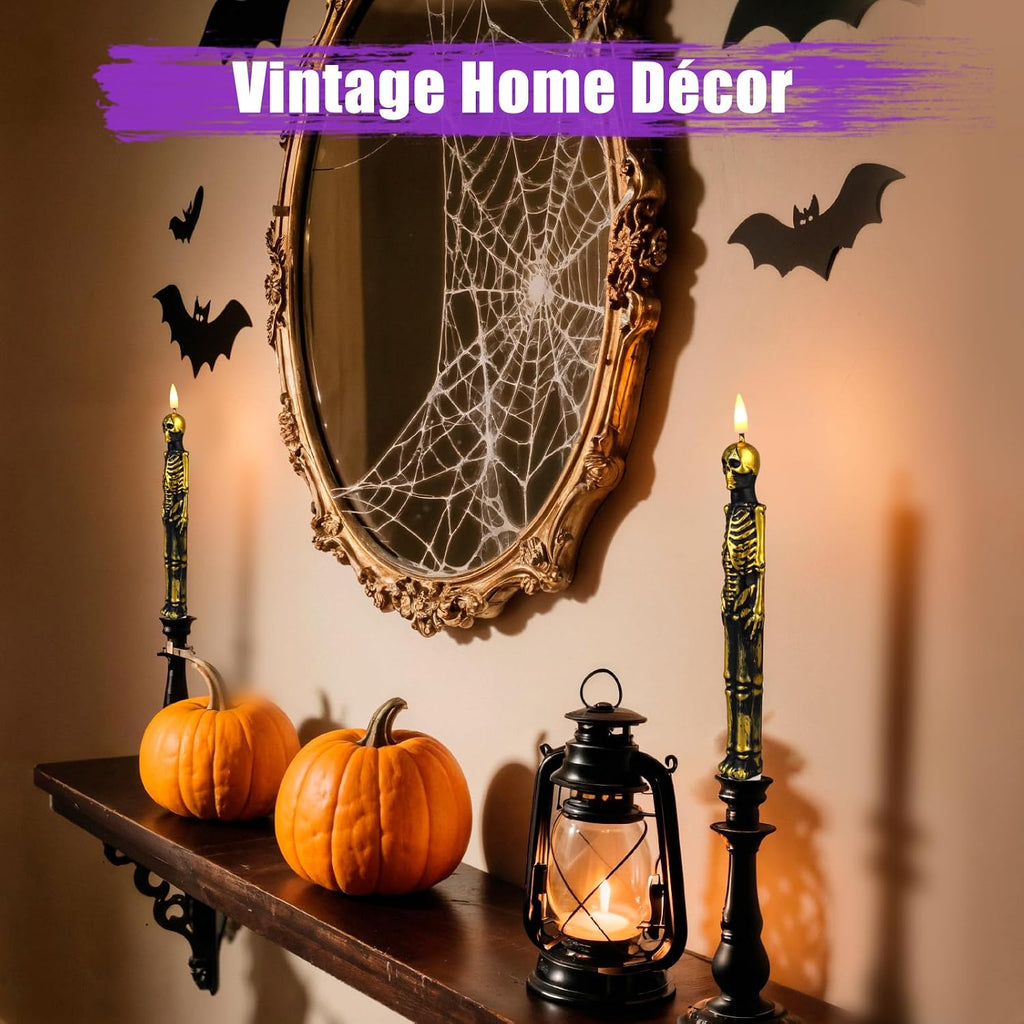 Halloween Skull Flameless Taper Candles Battery Operated, 2 Pack