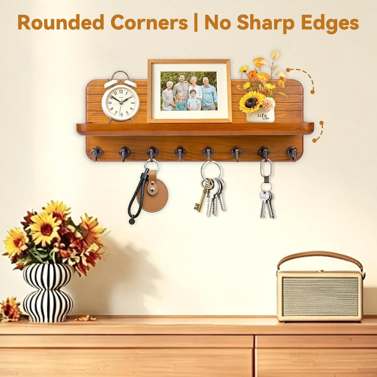Key Holder for Wall, Mail Organizer Wall Mount with 8 Hooks Wooden Hanging Key Rack for Home Decor, Hallway, Entryway (Yellow)