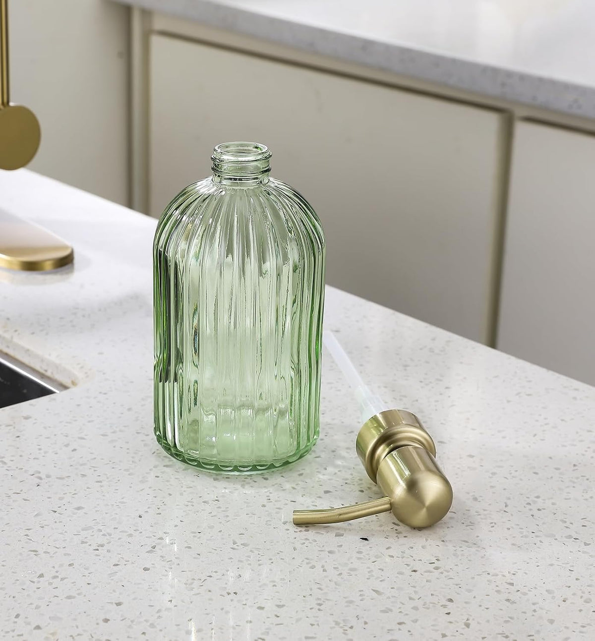 Avola Green Glass Soap Dispenser, Vertical Stripes Bathroom Hand Soap Dispensers with Brushed Gold Pump, 16 Oz Glass Kitchen Dish Soap Dispenser,Stainless Steel Liquid Green Soap Dispensers