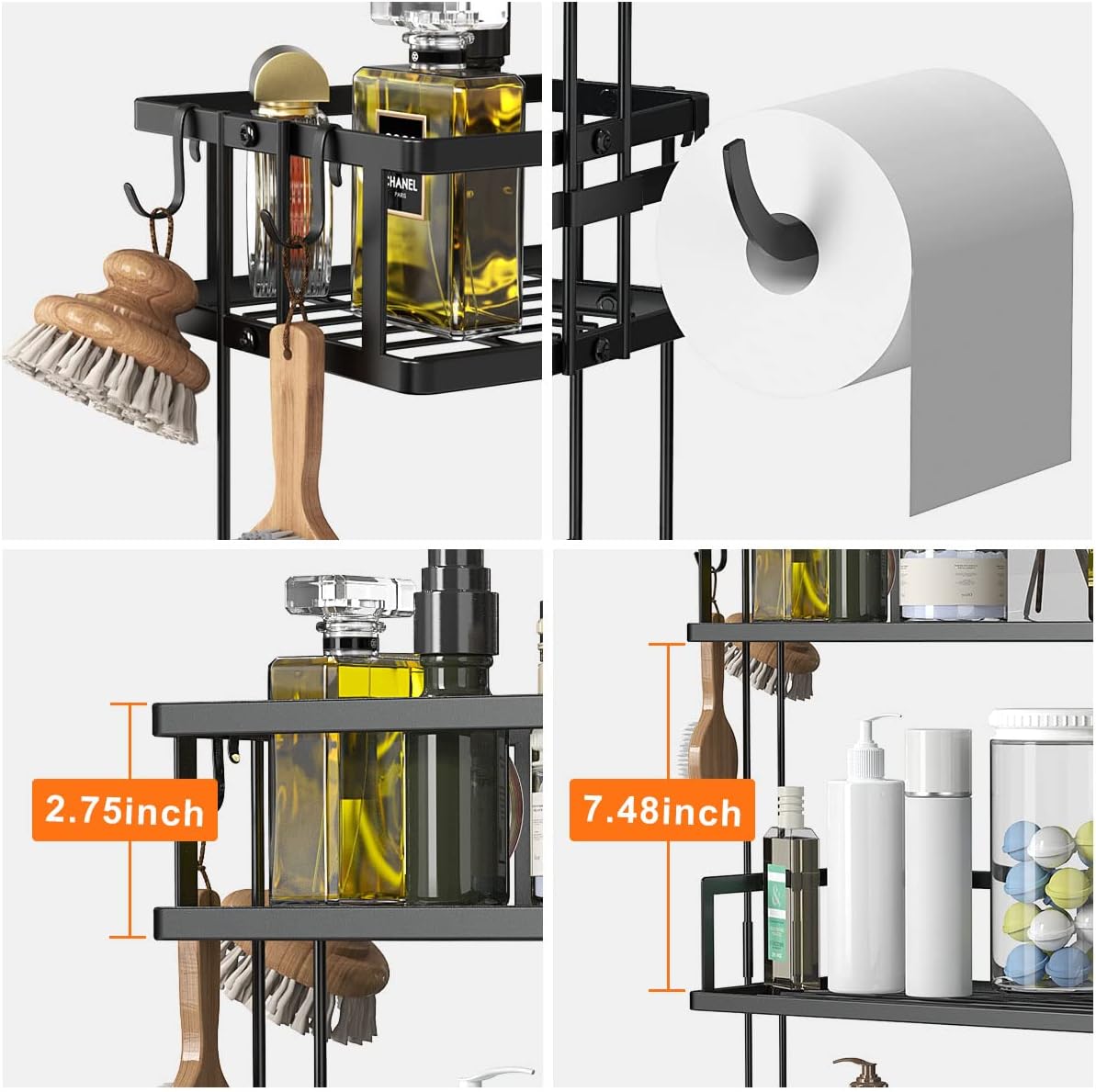 FLOLXNB Over The Toilet Storage,3-Tier Bathroom Organizer Shelves with Paper Holder, Multifunctional Toilet Rack,No Drilling Storage Shelf, Home Storage Space Saver Wall Mounting Design,White