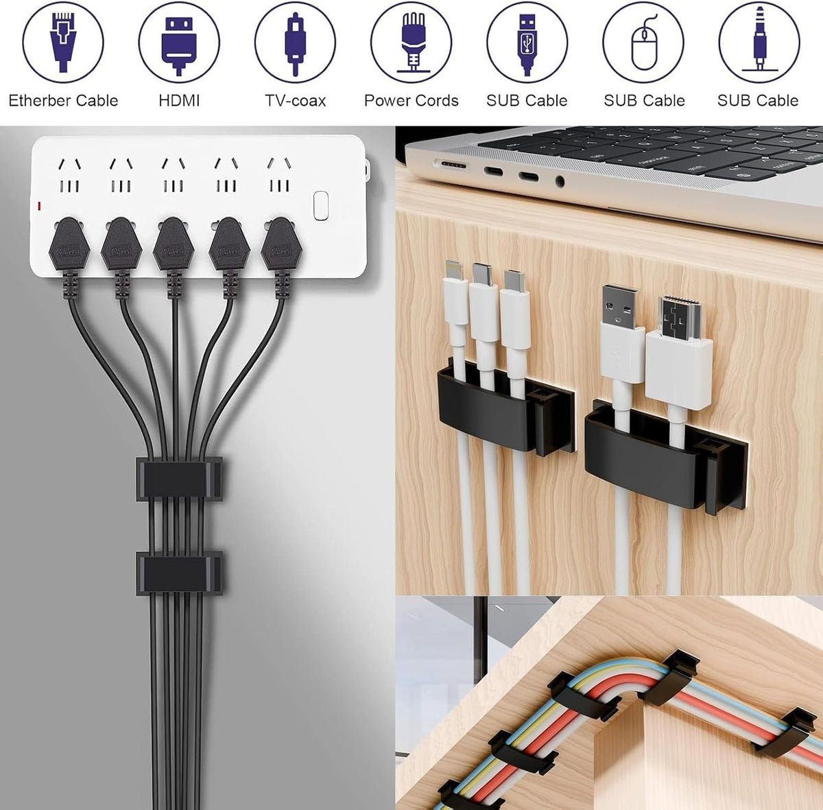 for Desk Under Table Wire Management Adhesive Cable Clips 29Pcs(Black).Used for Computer pc,tv,ethernet Wires Cable Management on Large Cable Hooks Organizer Clips