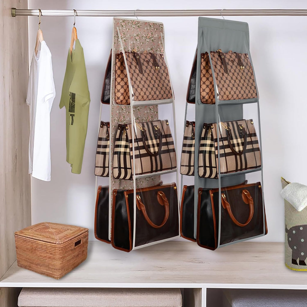 Lirex Medium and Large Handbag Hanging Purse Storage Organizer, Oxford Cloth Closet for Bedroom, Foldable and Universal Fit, Light Khaki Camellia